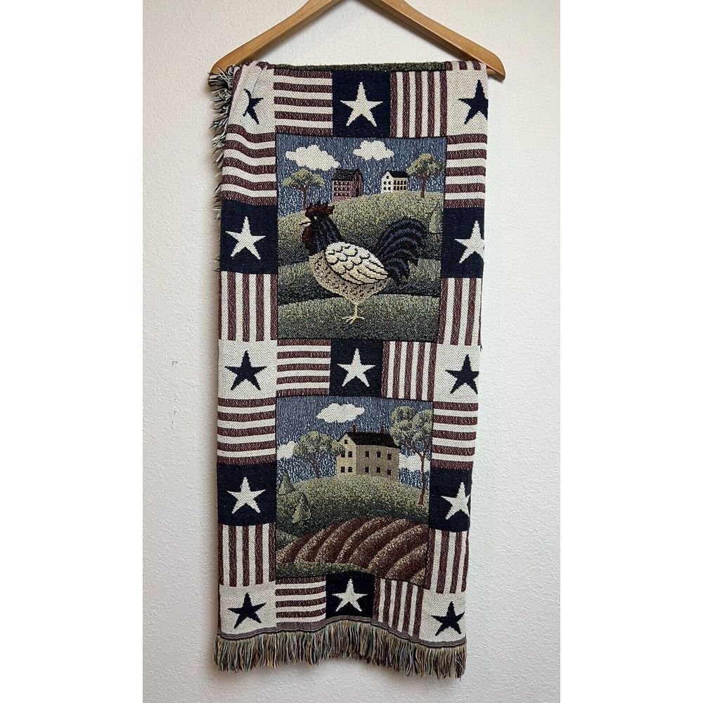 Vintage Americana Country Barn Tapestry Fringe Throw Blanket Farm Pig Cow Silo‎